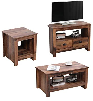 Kingwudo® Wooden Living Room 3 Pieces Set Furniture (Lamp Table and Coffee Table and Corner TV Unit) Modern Sofa Set Storage Unit Cabinet for Living Room