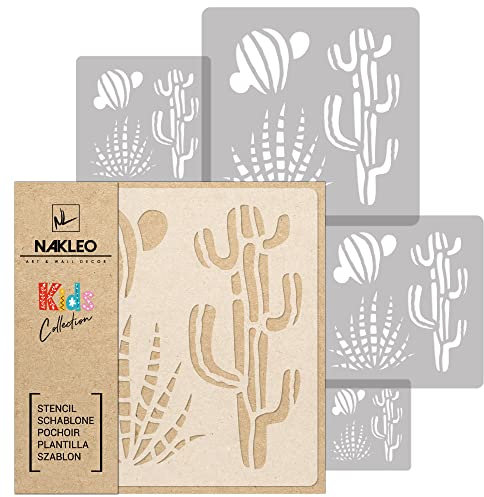 NAKLEO Painting Stencils Set for Kids, 5 Pcs Templates 9x9 to 34x34cm Cactus Opuntia Plant, Plastic and Reusable Drawing Stencils, Children Room Decor, Craft DIY Wall Furniture