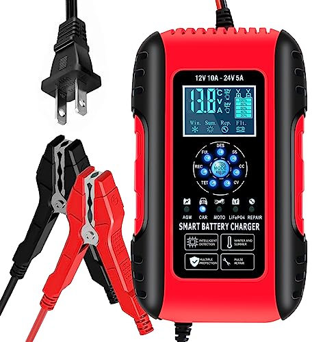 Batterieladegerät, 10 A Lifepo4 Blei-Säure-Autobatterie-Ladegerät, verbessertes Automobil-Erhaltungsladegerät, 12/24 V, All-in-1-Batterie-Wartung, für LKW, Anhänger, Motorrad, AGM, Rasenmäher, Boot,
