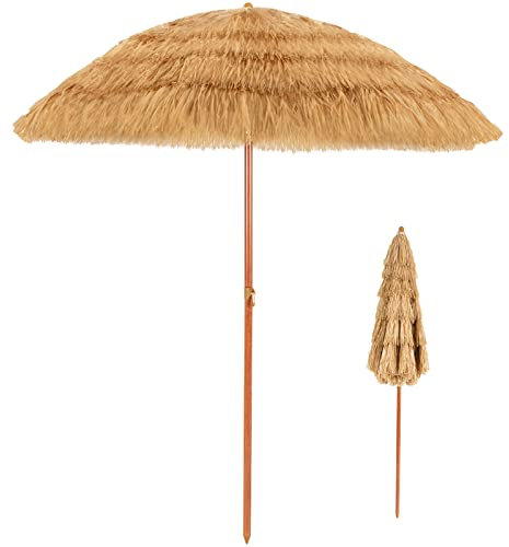 KOMFOTTEU Sonnenschirm Strand 200cm, Hawaiischirm Sonnenschutz, Bastschirm knickbar, Strohschirm mit Neuartiges Erscheinungsbild, Tiki Marktschirm für Garten, Balkon (Strohgelb)