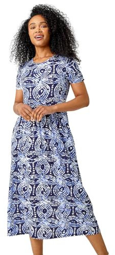 Roman Midi Dress with Pockets for Women UK Ladies Stretchy Jersey Maxi Long Short Sleeve Elasticated Gathered High Waist Boho Flattering Skater Swing Fit Flare - Petite Blue White - Size 14