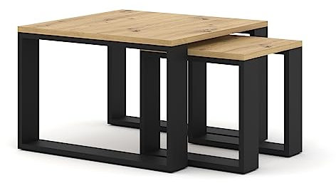 Homlando Doppel-Couchtisch Nuka M – 2er Set Wohnzimmertische 60×60 cm, Beistelltisch, Modern Tischset, Stapelbar – Eiche Artisan/Schwarz