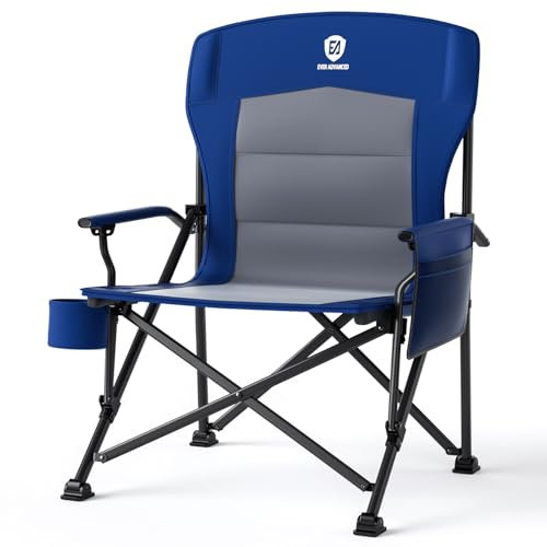 EVER ADVANCED Camping Chair for Adults Oversized 230KG, Folding Chair for Heavy People with Side Pocket, Heavy Duty Extra Wide Garden with Hard Armrest Foldable Fishing Outdoor Blue