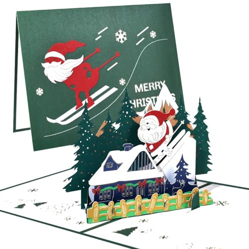 CNLITIHEKA Weihnachtskarte, handgefertigt, 3D-Popup-Weihnachtskarten, Geschenk für Weihnachten oder Feiertage, inklusive Umschlag und Notizanhänger (Weihnachtsmann Skifahrer)