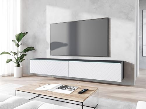 MINIO go for it TV Schrank Donna, Breite 180 cm, TV Lowboard, Stehend oder Hängend, Fernsehschrank für das Wohnzimmer, Laminierte Spannplatte, Matera/Weiss mit Herringbone Muster - LED Beleuchtung