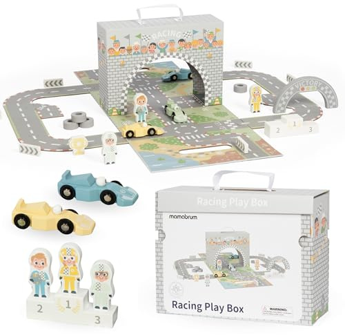 Mamabrum Holz-Rennbahn für Kinder ab 3 Jahren, Magnetkoffer mit Autobahn, Fahrzeugen und Straßenzubehör, Faltbare Rennbahn für Kinder mit Autos im Set rennstrecke Auto Spielzeug