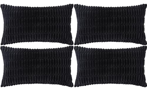 Ci & Ci 4er Set Deko Kissenbezug 30x50 cm, Schwarz Kordsamt Kissen Sofakissen Dekokissen Zierkissen, Flauschig Kissenbezüge Kissenhülle für Sofa Couch