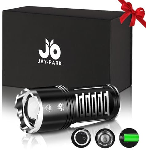 JAY-PARK Taschenlampe LED Aufladbar 500000 Lumen, LED Taschenlampen Extrem Hell, 3 Lichtmodi, Zoombar, Starke, IPX7 Wasserdich, Eingebauter 10800-mAh-Akku