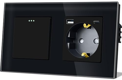 TAWOIA Lichtschalter mit Steckdose 1 Fach 1 Weg Glas Platte Unterputz Taste Schalter mit Schuko Steckdose mit(MAX.20W) USB and Type C Schwarz 86 * 157mm Wechselschalter