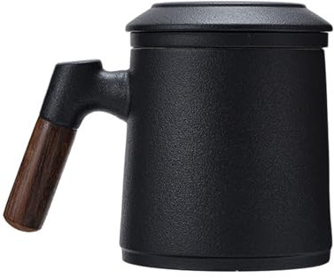MBSM Taza infusora de té con tapa, mango de madera, taza de té de hojas sueltas, taza de té negro mate, taza de té asiático, regalos para hombres y mujeres (negro), MBSM-TEA-1