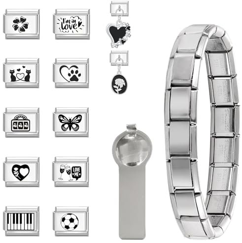 Urijk 14PCS Italian Charms Bracelet 9mm Module Removable Classic Stainless Charm with Opening Tools Jewelry Steel Link Bracelets DIY Kit Gift for Women Girls