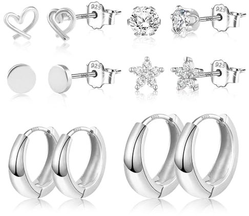 Silber 925 Ohrringe Set für Damen, 6 Paare Kleine Ohrstecker Set Hypoallergen Herz Stern Ohrringe Kleine Zirkon Glitzer Ohrstecker Kleine Dicke Creolen Klobige Huggie Ohrringe für Mehrere Piercings