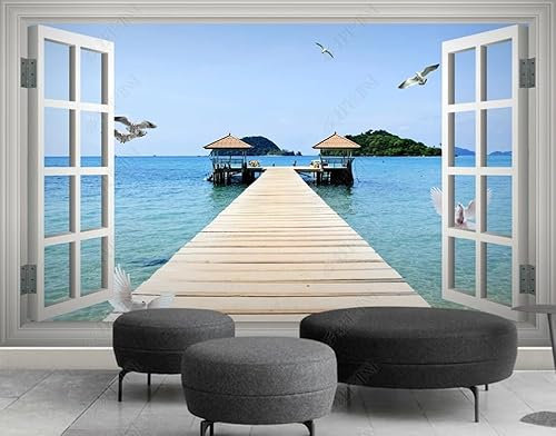 Papier Peint Intissé Vue 3D De La Mer Par La Fenêtre Poster Tableaux Muraux Tapisserie Photo Trompe L'Oeil Salon Chambre Art Mural 200Cm(L) X140Cm(H)