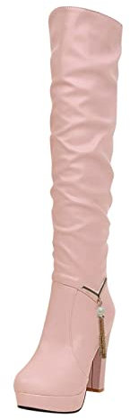 Stivaletti da donna alla moda, caldi e lunghi, tacchi alla moda, solidi, spessi, cosce, scarpe da donna, scarpe rotonde, scarpe da donna traspiranti, stivali sopra il ginocchio, Colore: rosa., 38 EU