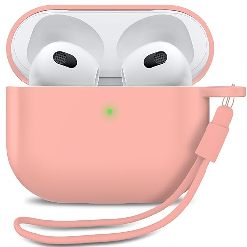 MyGadget Custodia in Silicone per AirPods 3a Generazione - [ Compatibile con Qi ] con Braccialetto in Silicone - Custodia Protettiva Morbida - Rosa