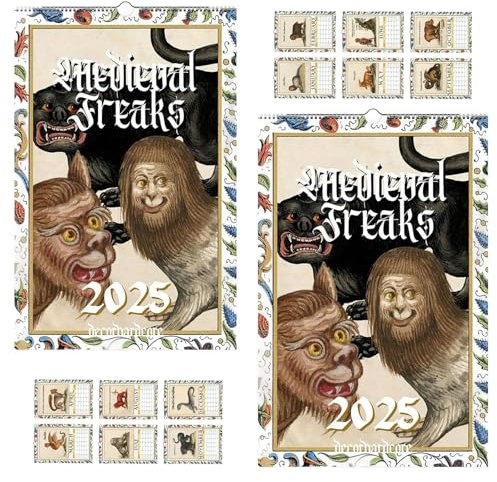 2025 Medieval Freaks Wandkalender, Medieval Freaks Illustrierter Kalender, Ugly Animal Medieval Art Wandkalender, Fun Animal Medieval 12-Monats-Wandkalender für Geschichtsliebhaber (2pcs)