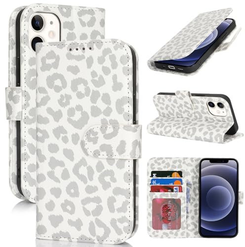 Zouzt Case for iPhone 12/12 Pro (6.1 Inch), Premium PU Leather Wallet Case with Credit Card Holder Slot Flip Folio Kickstand Shockproof Protective Phone Cover (White Leopard)