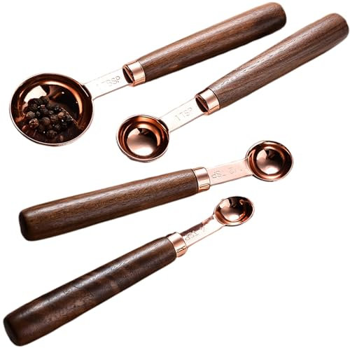 Hperu 4Pcs Stainless Steel Measuring Spoons, Copper Measuring Spoons Set, 1 Tbsp, 1 Tsp, 1/2 Tsp, and 1/4 Tsp Stackable Spoons with Wood Handles for Kitchen