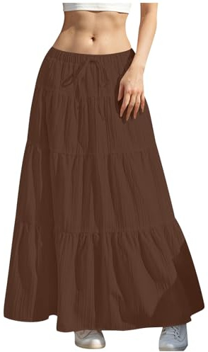 KUIH Long Skirts for Women Elastic High Waist Maxi Skirts Plain Loose Casual A Line Skirt Ladies Tiered Flowy Summer Skirt with Drawsting S-XXL