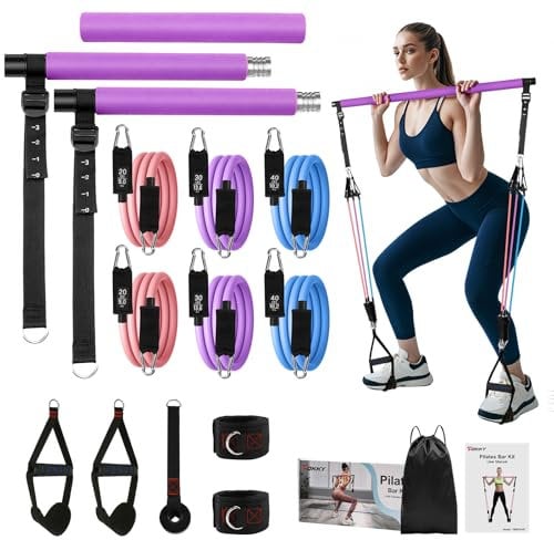 Fokky Kit Elastique Musculation, Barre de Pilates Amovible avec 6 Bande de Resistance Musculation 20-180 LBS, Kit Pilates Maison avec Ancrage de Porte pour Yoga, Fitness, Squat, Workout