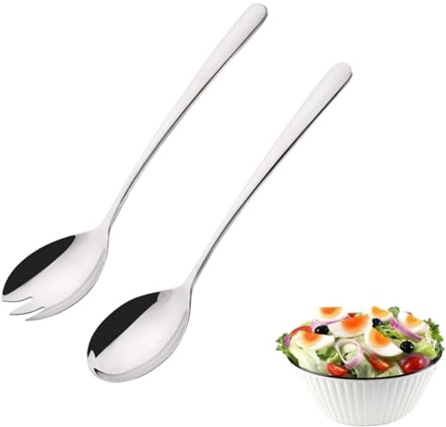 Heyumybit Salad Spoon,2 Pcs Salad Server Set,Stainless Steel Salad Serving Set,Silver Large Serving Spoon and Fork,Salad Fork for Family Restaurant Party