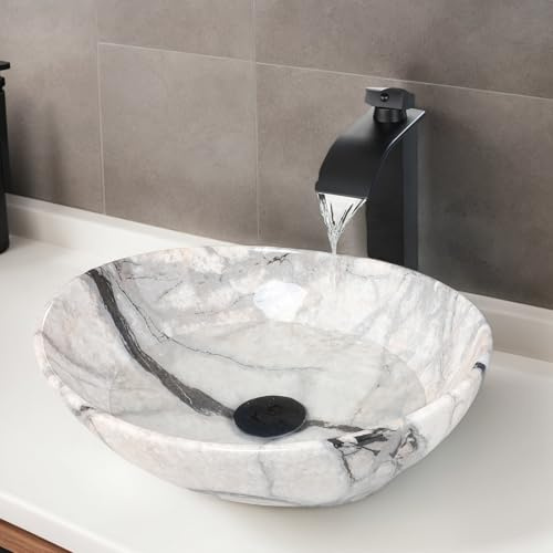 kiciykc Countertop Basin Sink Marbling White Black Wash Basin Sink with Mixer Tap and Waste Set, Ceramic Sinks Oval Countertop Basins 410mm x 330mm