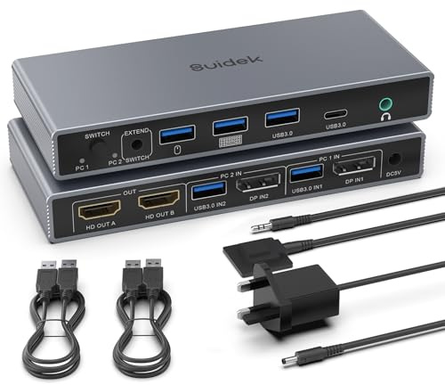 Conmutador KVM DisplayPort para 2 monitores y 2 ordenadores, entrada DP/salida HDMI Conmutador KVM 4K a 60 Hz con 4 puertos USB para 2 ordenadores DisplayPort para compartir dos monitores HDMI