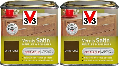 V33 Vernis intérieur Satin meubles & boiseries, Chêne foncé 0,5L (Lot de 2)