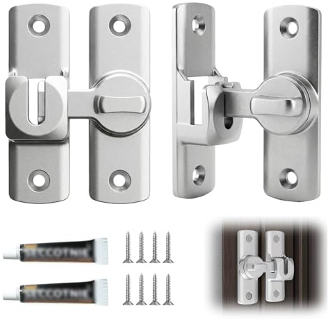 2 Pièces Serrure de Fermeture Verrou Porte Coulissante 90°/180° en Alliage d’Aluminium, Loquet Porte Intérieure pour Salle de Bain Chambre Fenêtres Armoires Cuisine, Installation avec Vis et Adhésif