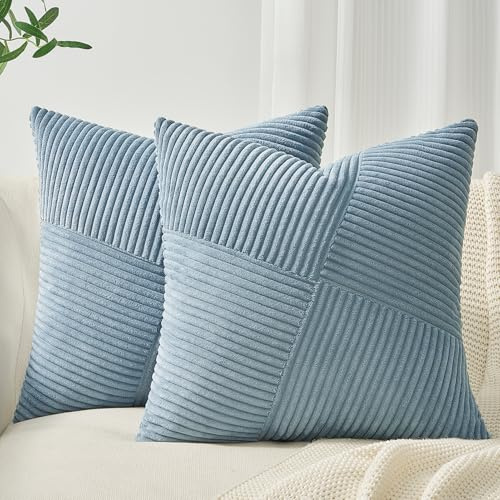 Topfinel Kissenbezug 60x60 Hellblau Kordsamt 2er Set Windmühle Streifen Muster Kissenbezüge Kissenhülle Dekokissen Sofakissen Patchwork Design Deko Wohnzimmer Bett Schlafzimmer Sofa