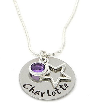 BIRTHSTONE Childs Personalised Name Necklace with Star Gift Boxed