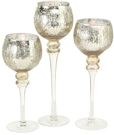 Boltze Windlicht Set Manou 3-teilig (gold, Deko-Gläser für Kerzen / Weihnachtsdekoration, Kerzenständer Höhen 30 cm / 40 cm / 35 cm, Form rund, gerades Muster) 1005603