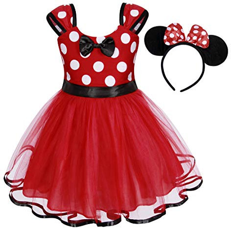 AmzBarley Girls Mouse Ears Dress Costume Polka Dot Dresses Childs Kids Birthday Themed Party Cosplay Outfit Fancy Dress up Age 3-4 Years Red