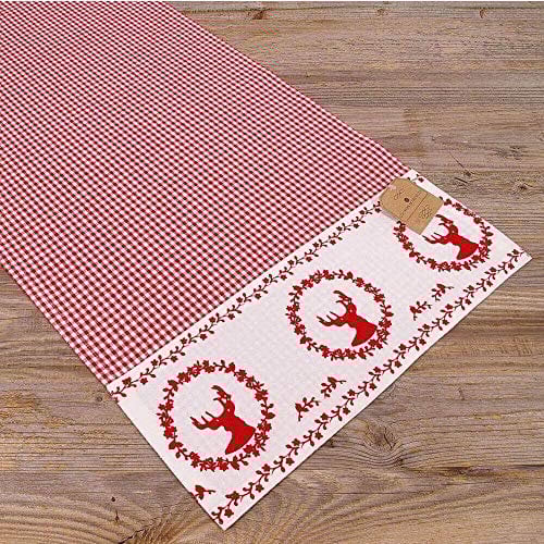 Tischläufer RESI kariert Hirsch Druck rot - Große Stoff Tischdecke Landhausstil 48 x 100 cm Tischdeko rechteckig - Waschbares Tischband aus 100 % Baumwolle, als moderne Esstischdeko, Weihnachtsdeko