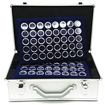 Großer Aluminium Münzkoffer mit 12 Tableaus blau und Kapseln 26mm für 480 2 Euro Münzen