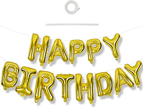 Happium 16Inch Balloon Set- Happy Birthday Balloons, Banner for Party Decoration Supplies, Reusable Happy Birthday Foil Balloon with Ribbons and Straw Gold