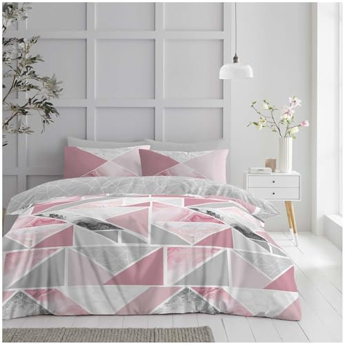 GC GAVENO CAVAILIA Luxury Geometric Shapes King Size Duvet Cover Sets With Pillow Cases, Reversible Diamond Quilt Marble Bedding Set, Pink