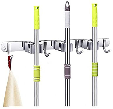 Voarge Besen- und Mopphalter aus Edelstahl, mit 3 Halterungen und 4 Haken für Bürste und Mopp, Organizer, Werkzeughalter für Haus, Küche, Garage, Grau