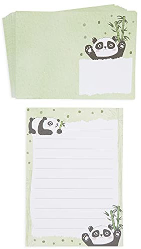 Briefpapier-Set, DIN A5 Briefblock mit 50 Blatt liniertem Schreibpapier und Umschläge mit niedlichem Panda-Design