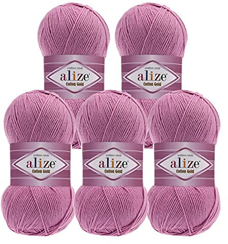 5 x 100g Strickgarn Alize Cotton Gold Uni Klassikgarn Häkelgarn Strick-Wolle Farbwahl, Farbe:98 hellviolett