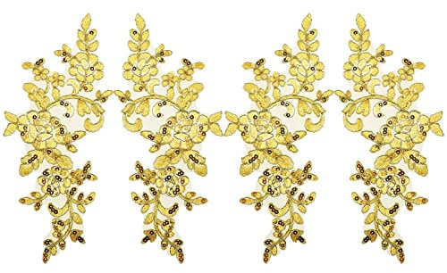 OTOTEC 2 Paar Stickerei Pailletten Spitze Applikationen Spiegel Paar Aufnäher Blume Stoffkragen Patch für Motiv Hochzeitskleid Kleid Brautkleid DIY Handwerk Gold