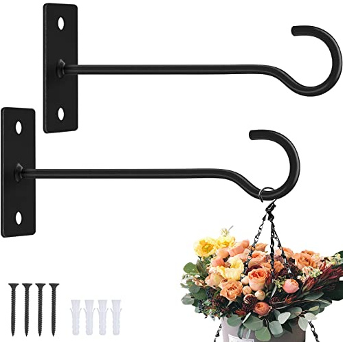 Metal Plant Wall Hooks 2Pack Indoor Outdoor Hanging Brackets Black 6In | Decorative heavy duty metal hangers,for flower baskets, lanterns,bird feeders and wind chimes,home decor indoor and outdoor