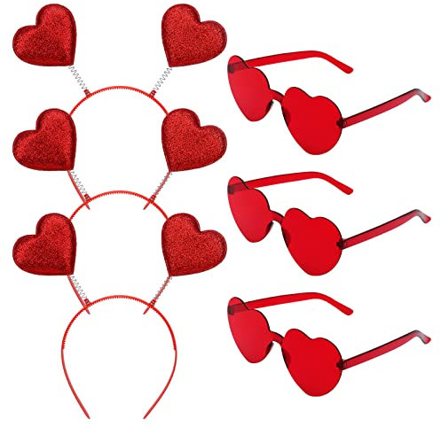 MWOOT 3 Sets Herz Haarreif Sonnenbrille für Valentinstag Braut JGA LGBTQ Pride Parades Deko Accessoires, Rot Herz Kostüm Zubehör für Geburtstag Hochzeit Junggesellinnenabschied Party Foto