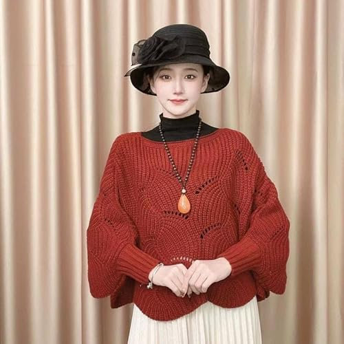 Strickschal mit Fledermausärmeln, Warmer Strickschal für Damen im Winter, lockerer Zopfmuster-Strickpullover mit Fledermaus (Rot,1 Stück)