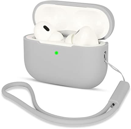 AOTUAO Kompatibel mit AirPods Pro 2 Hülle Case, Silikon Stoßfeste Schutzhülle für AirPods Pro 2. Generation 2022 Case Cover mit Silikon Lanyard, Front-LED Sichtbar, Grau