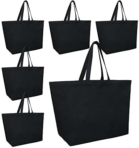 Sweetude 6 bolsas de lona extragrandes, color negro, XL, resistentes, bolsas de playa de 28 x 8 x 16 pulgadas, reutilizables, grandes bolsas de compras con asas