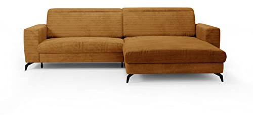 CAVADORE Ecksofa Bounce mit Cord-Bezug / L-Form-Sofa mit Schlaffunktion, Bettkasten + Kopfteilverstellung / 290 x 88-108 x 178 / Breitcord, Gold-Gelb