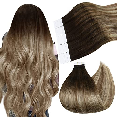 Ugeat Tape in Extensions Echthaar Ombre Braun Echthaar Extensions Tape Balayage Schokobraun bis Hellbraun mit Hellblond Remy Tape in Haarverlängerung Echthaar Glatt 40cm 50g 20 Stück #4/6/613