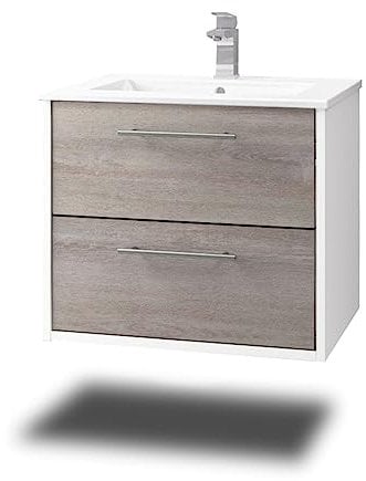 Stil.Zeit Evelia Badmöbel inkl. Waschbecken | Waschtisch mit Unterschrank 60.5 cm | Weiß/Dekor Eiche Grau| Metallgriffe/hängend