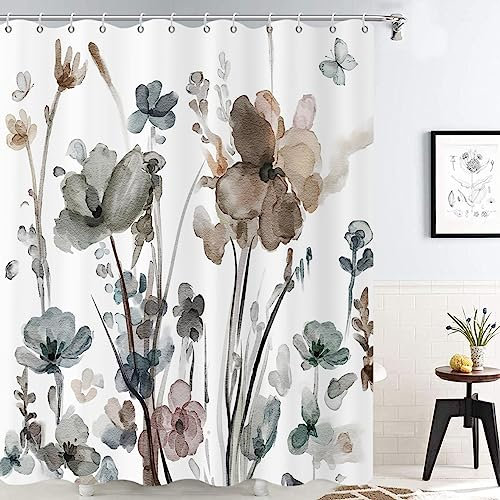 GCIREC Grau Floral Duschvorhang, Grau Braun Rosa Aquarellblume mit Schmetterlingen Moderner Minimalismus Badezimmer Vorhang Wohnkultur Wasserdichtes Gewebe Maschine Waschbar mit 12 PCS Haken,180x180cm